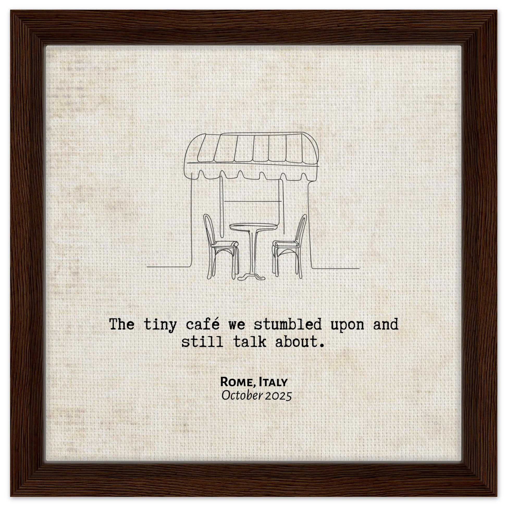 "The Cafe We Still Talk About" - Personalized Travel Micro Memory Framed Canvas - Out of Office Outfitters - Print Material