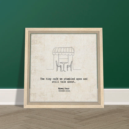"The Cafe We Still Talk About" - Personalized Travel Micro Memory Framed Canvas - Out of Office Outfitters - Print Material