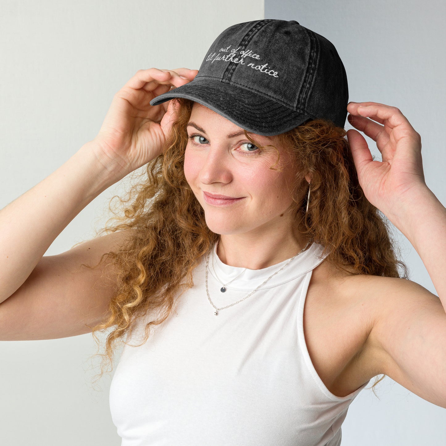 "Out of Office til Further Notice" - Funny Travel Hat for Beach Lovers - mock up on woman