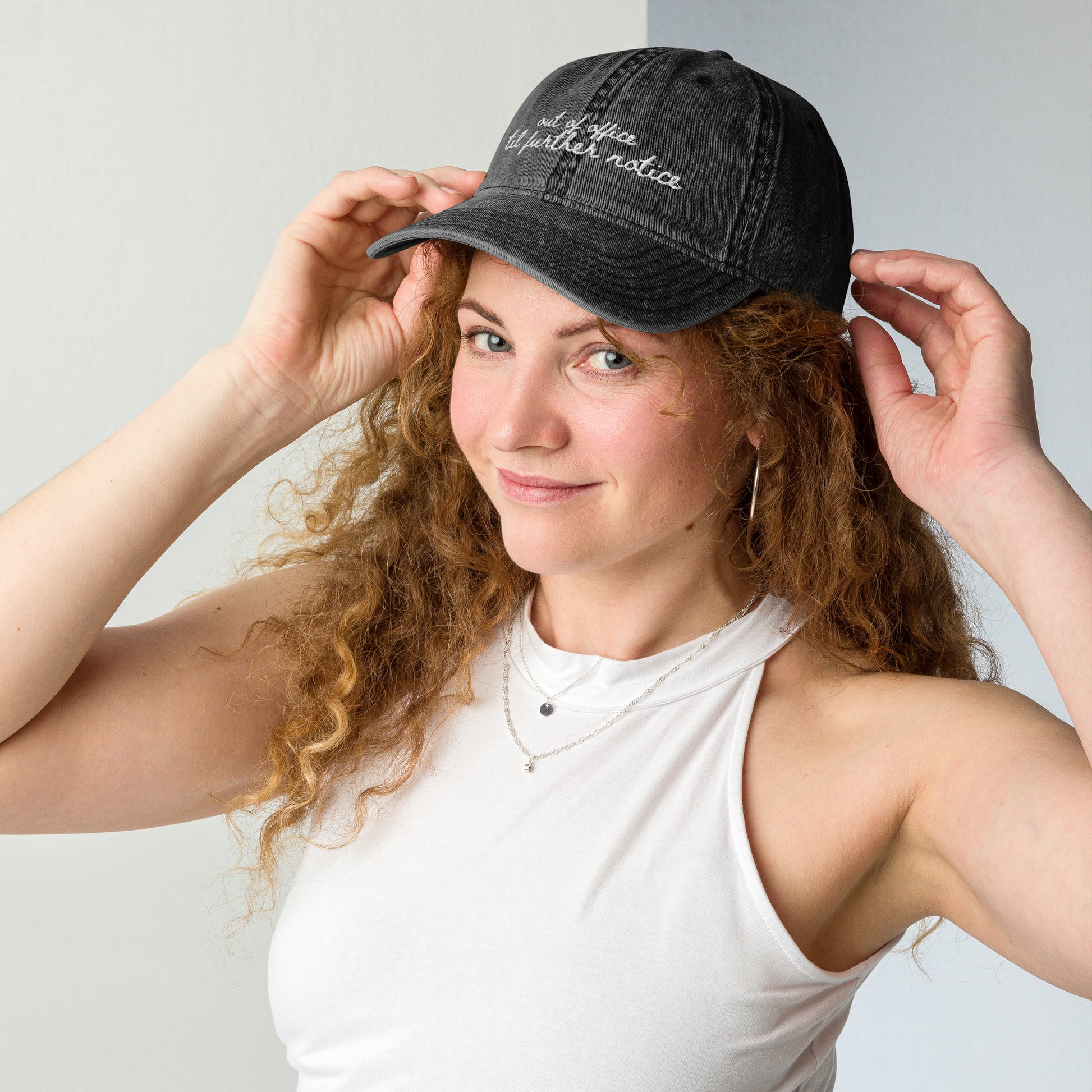 "Out of Office til Further Notice" - Funny Travel Hat for Beach Lovers - mock up on woman