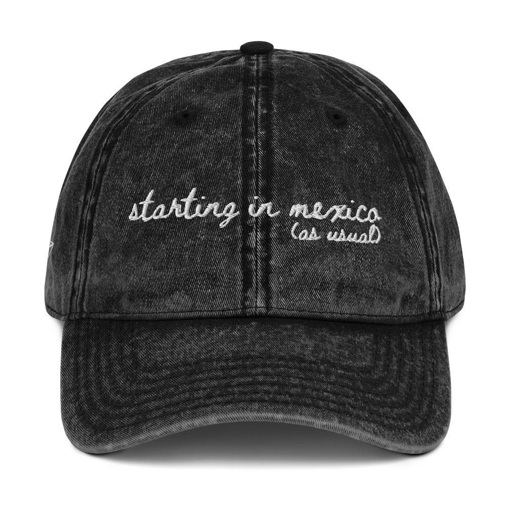 "Starting in Mexico (as usual)" Funny travel hat for theme park lovers - mockup