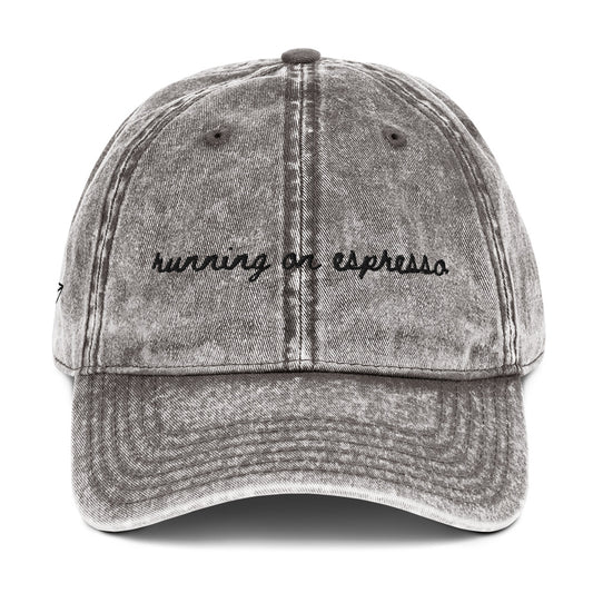 "Running on Espresso" Funny Travel Hat for Coffee Lovers - mock up