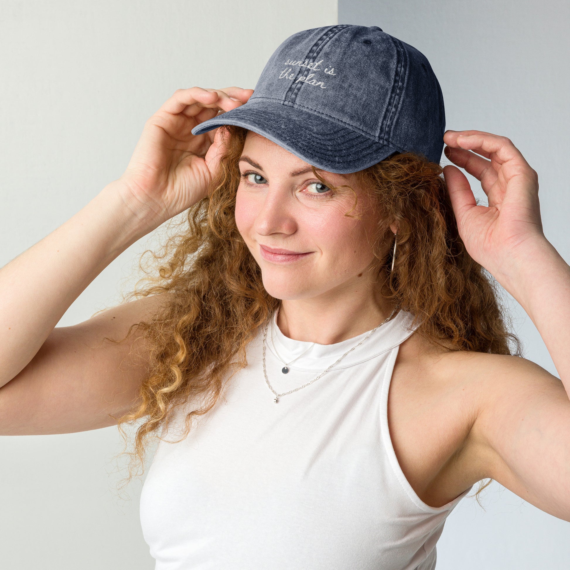 "Sunset is the plan" Funny Travel Hat for Beach Lovers - Mock up on woman