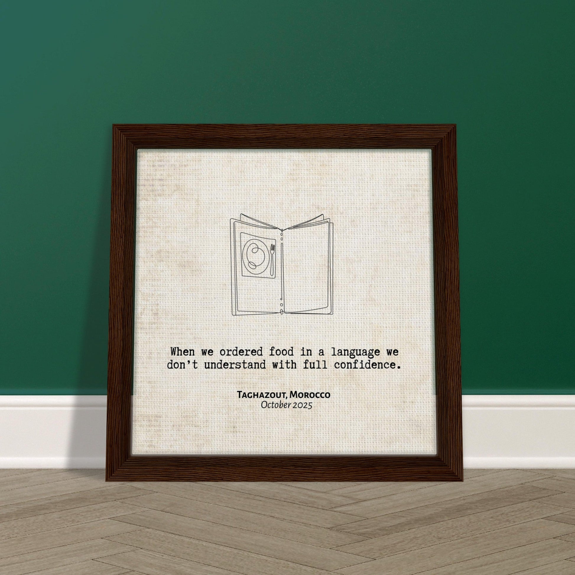 "When We Ordered in a Language We Don't Understand" - Personalized Travel Micro Memory Framed Canvas - Out of Office Outfitters - Print Material